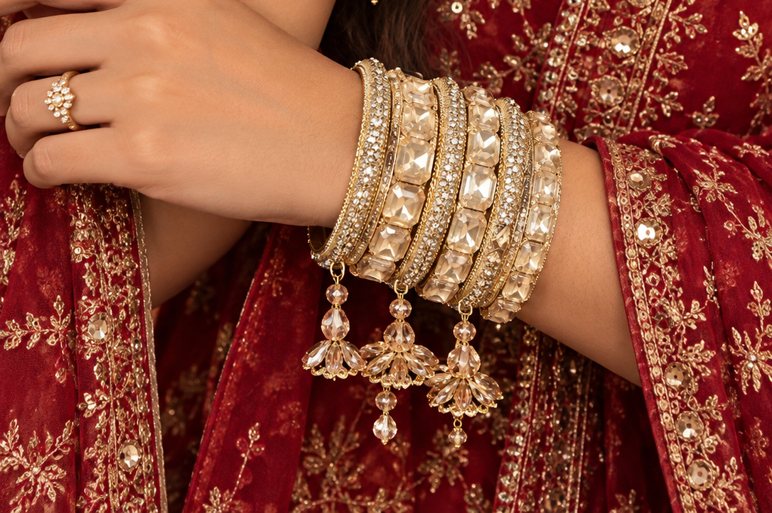 Champagne crystal dangling bangle set size 2.4