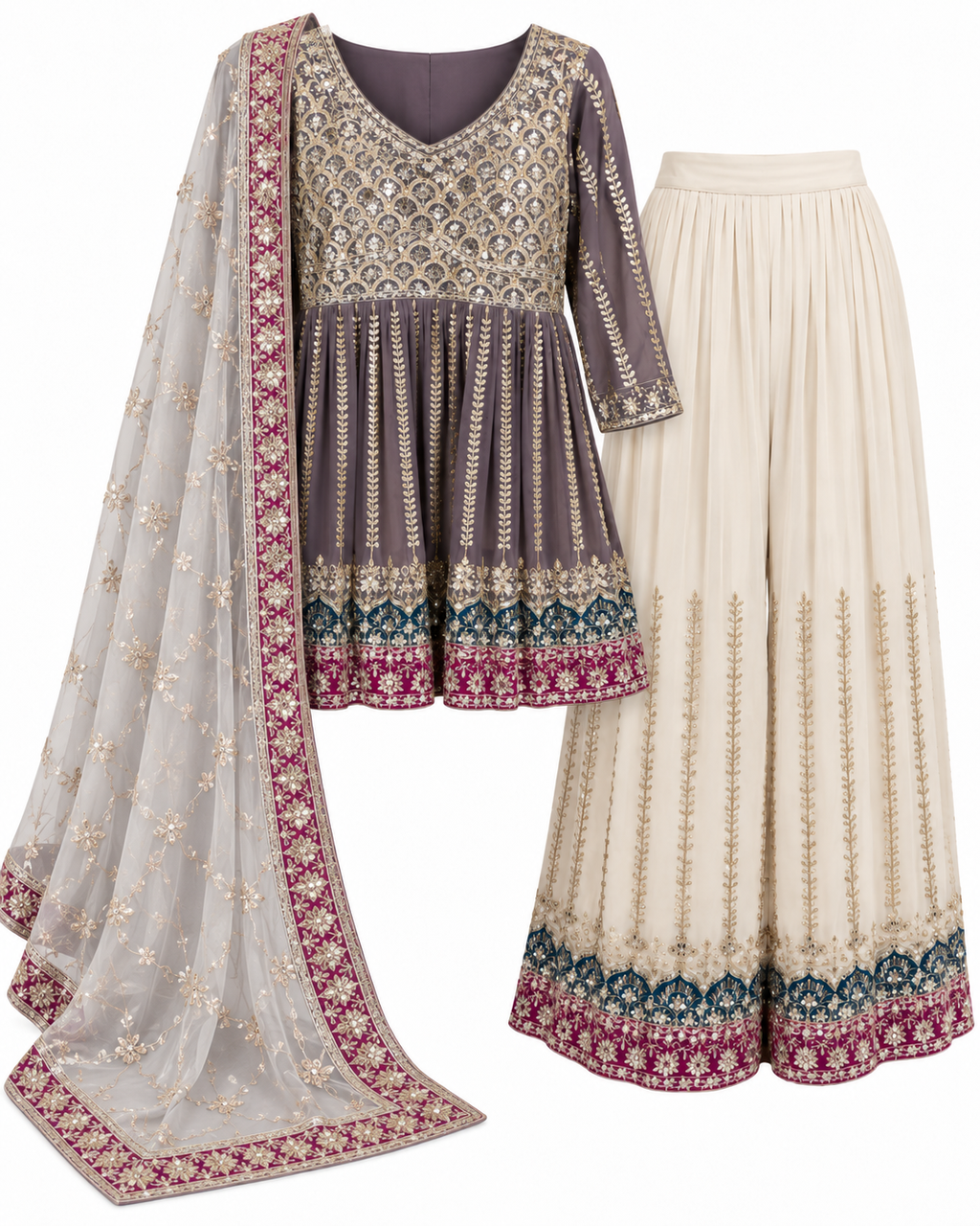 Mirror work sharara set embroidery and border detail