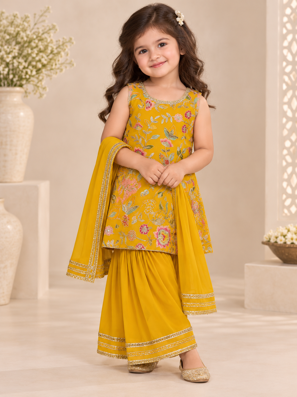 Mustard yellow floral girls sharara set size 3T alternate view