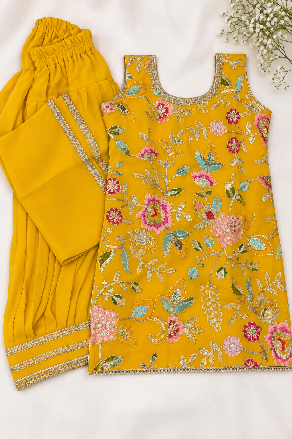 Mustard yellow floral girls sharara set size 3T