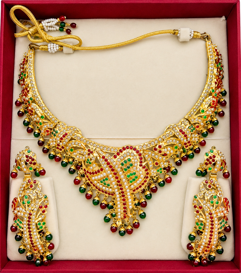 Gold-tone traditional necklace and earrings set – red, green, and pearl-style detail