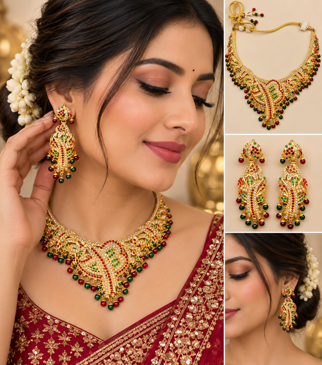 Gold-tone traditional necklace and earrings set with red green and pearl accents