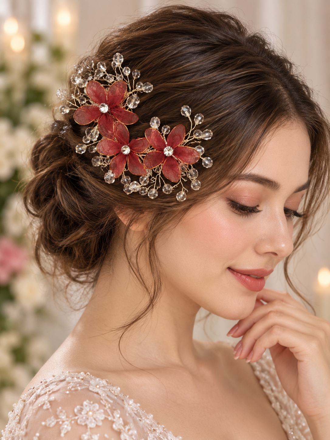 Red floral crystal hair accessory detail
