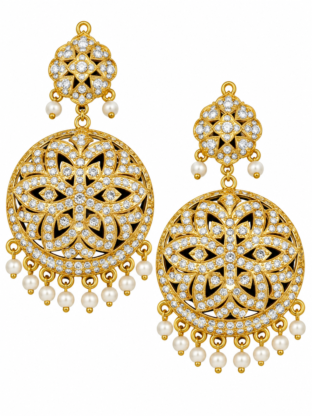 Gold-tone crystal and pearl statement earrings detail