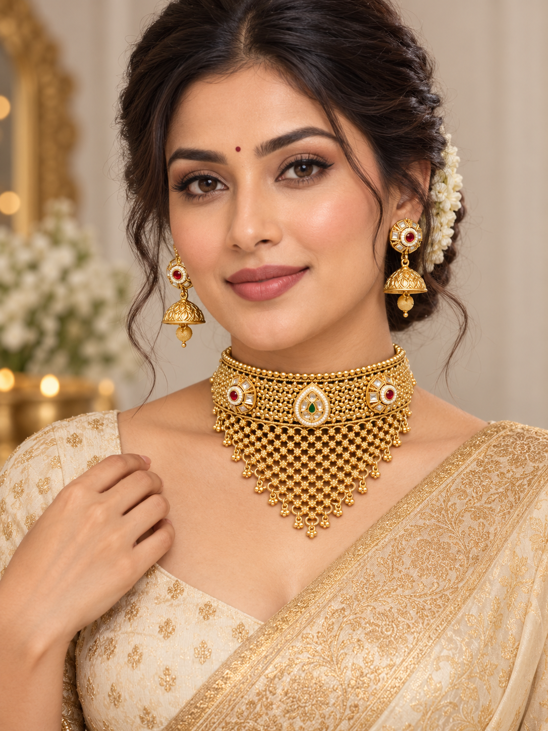 Gold-tone Kundan choker and jhumka jewelry detail