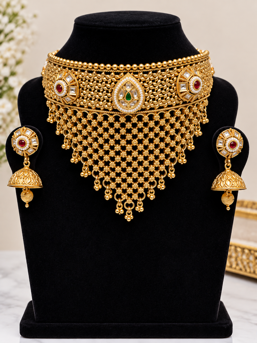 Gold-tone Kundan-style choker and jhumka set