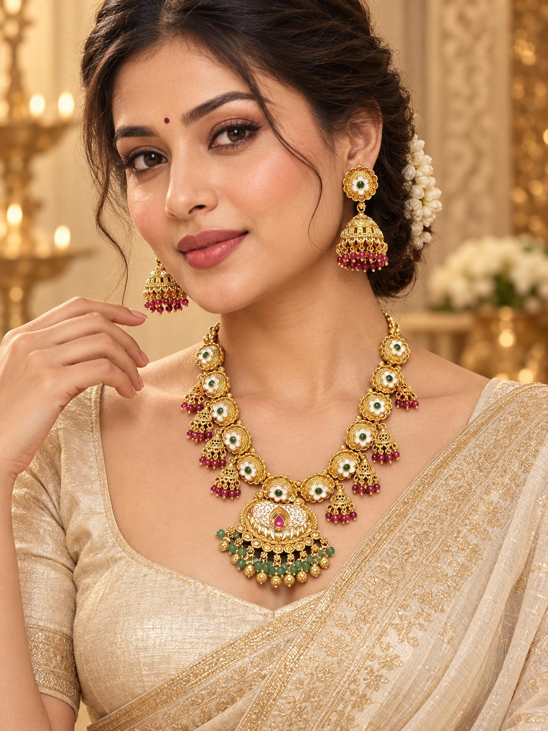 Gold-tone floral necklace and jhumka set detail