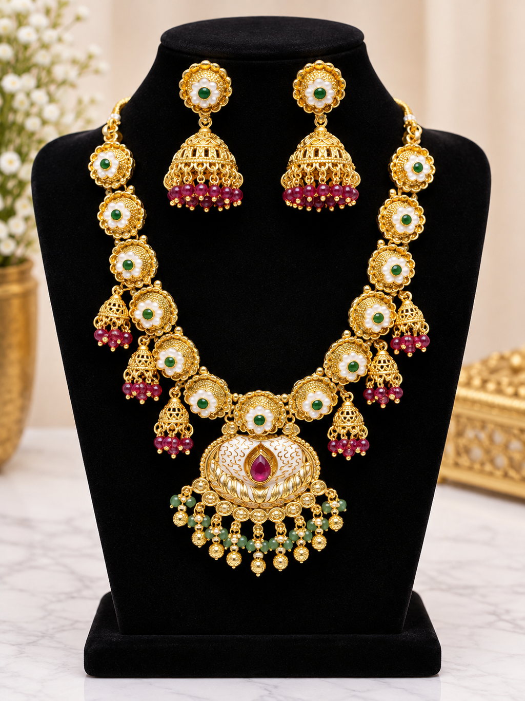 Gold-tone floral necklace and jhumka earrings set