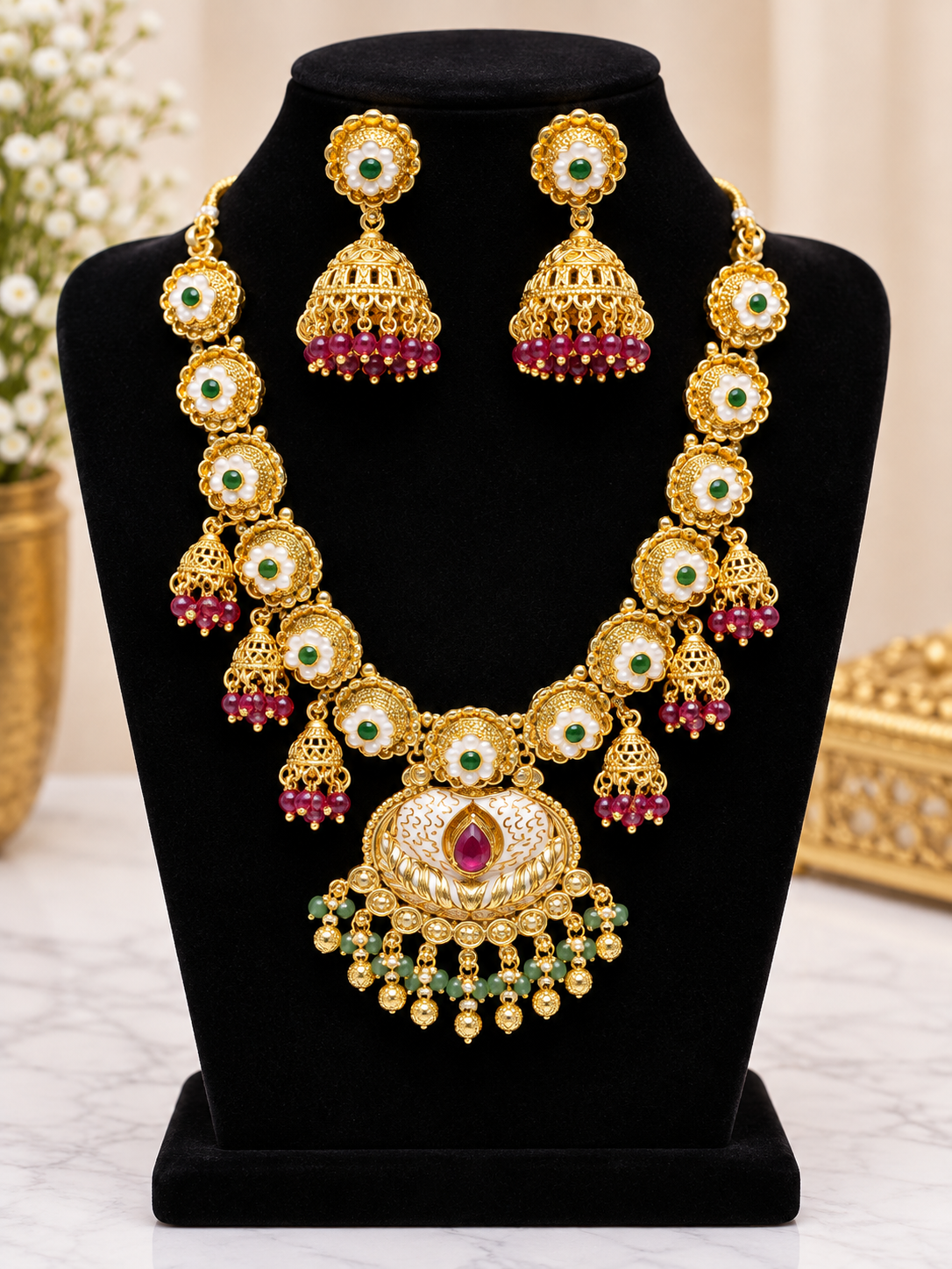 Gold-tone floral necklace and jhumka earrings set