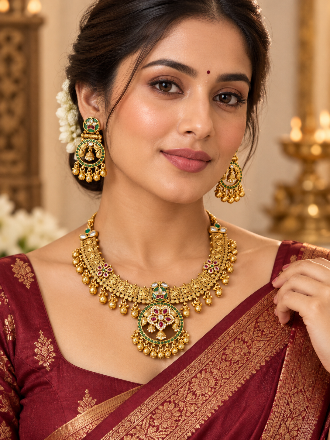 Antique gold temple-style necklace set detail