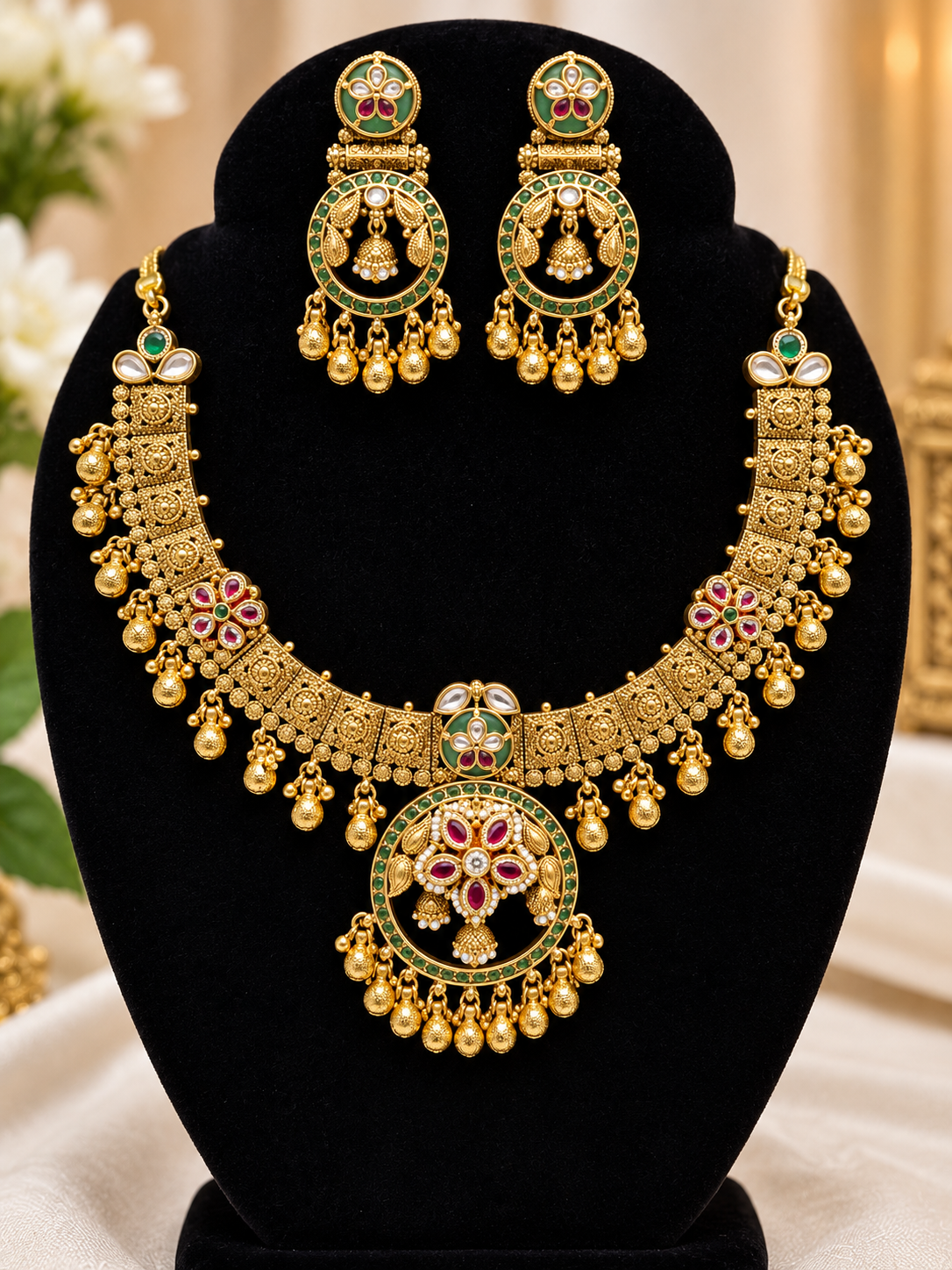 Antique gold temple-style necklace and earrings set