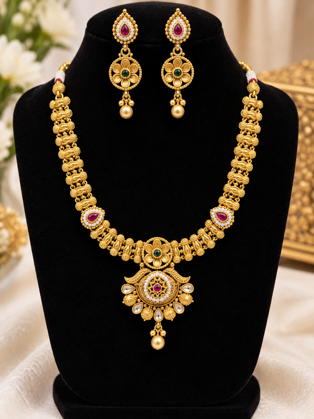Antique gold traditional necklace set detail