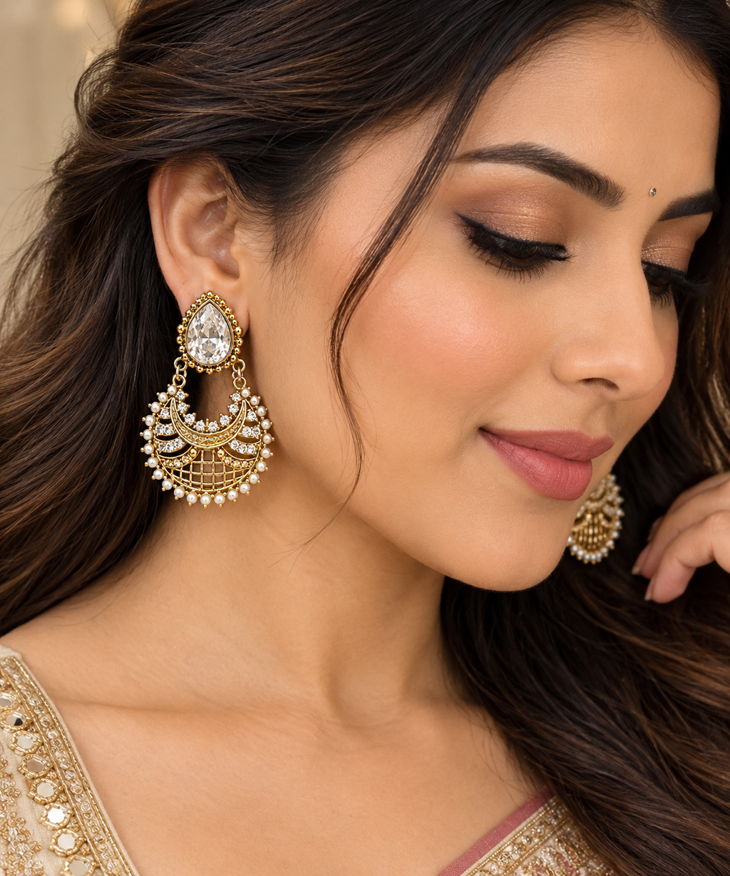 Gold-Tone Pearl & Crystal Chandbali Earrings alternate view