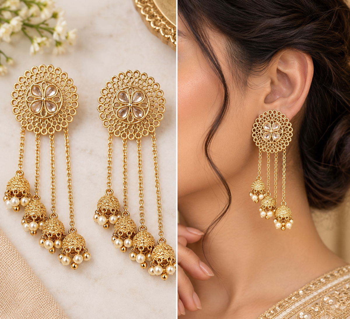 Gold-Tone Filigree Jhumka Chain Earrings alternate view