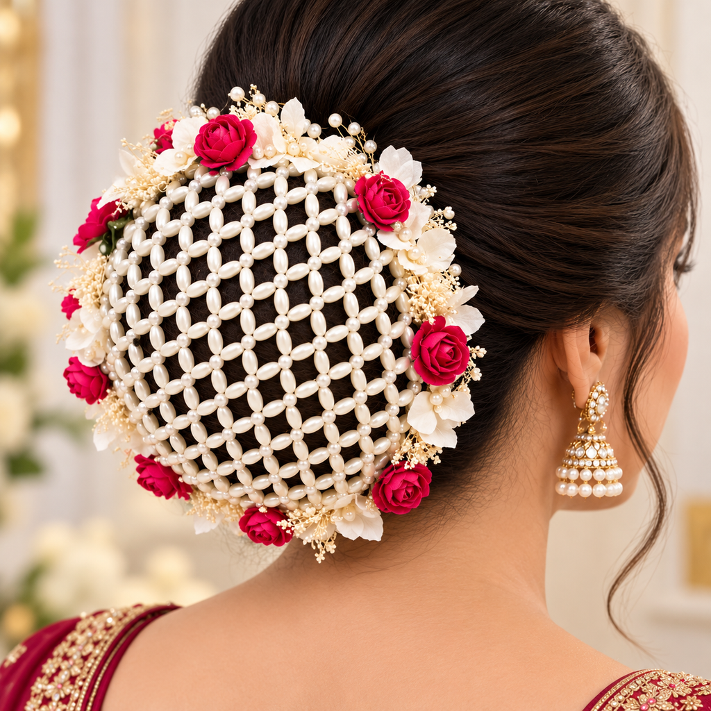 Floral Pearl Hair Bun Cover – Bridal Juda Hair Accessory