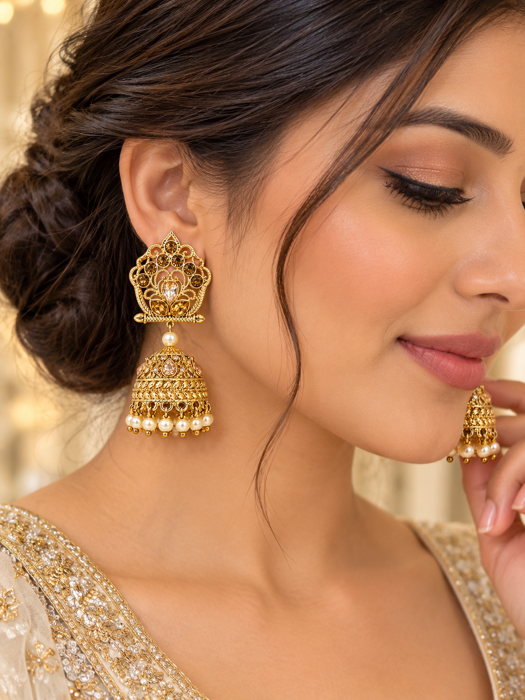 Stone & Pearl Jhumka Earrings alternate view