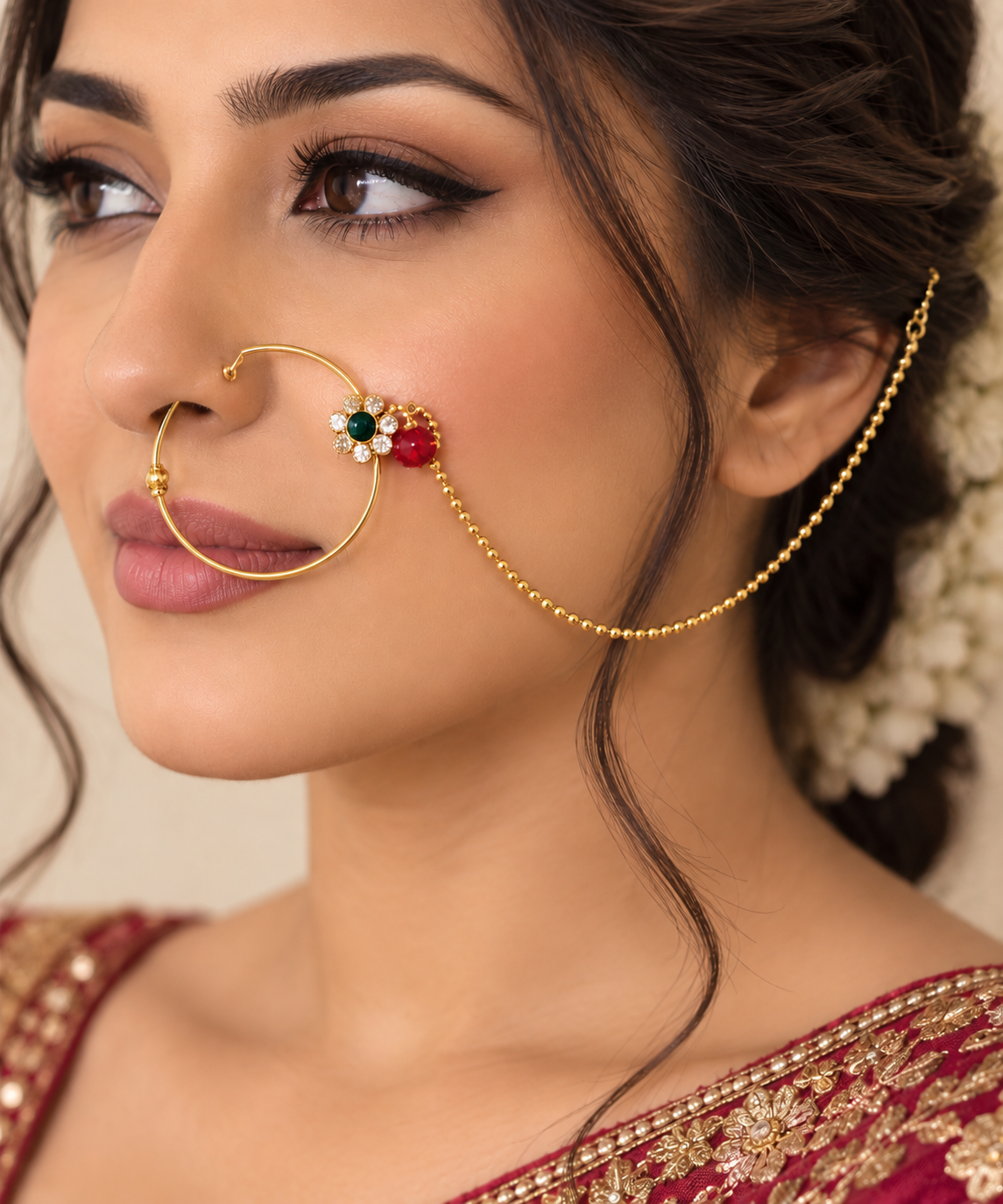Traditional Gold-Tone Bridal Nath with Chain