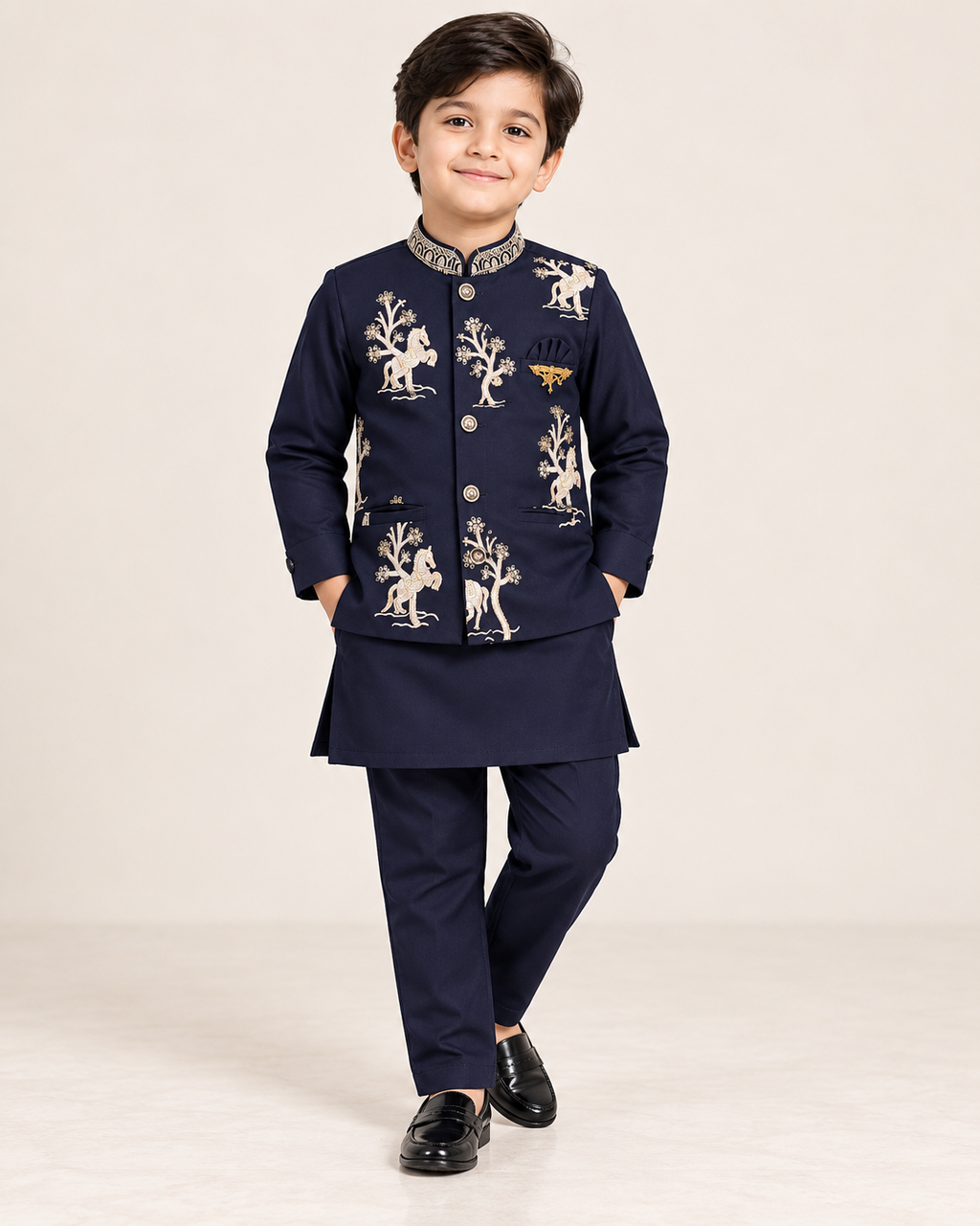 Boys Navy Blue Embroidered Indo-Western Set – Size 5T–6T alternate view