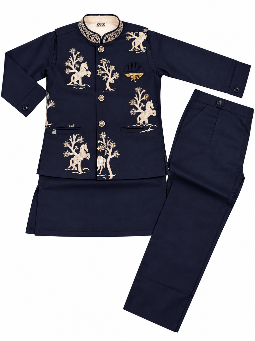 Boys Navy Blue Embroidered Indo-Western Set – Size 5T–6T
