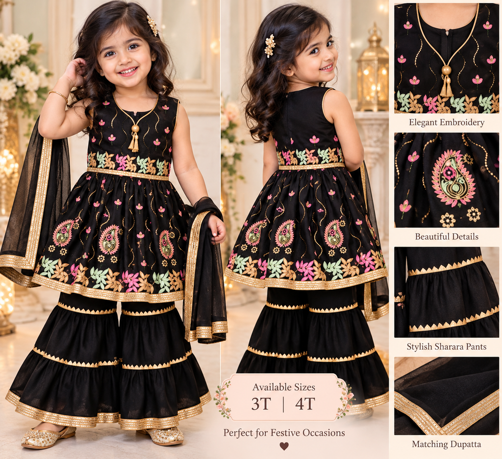 Black floral embroidered girls sharara set with dupatta alternate view