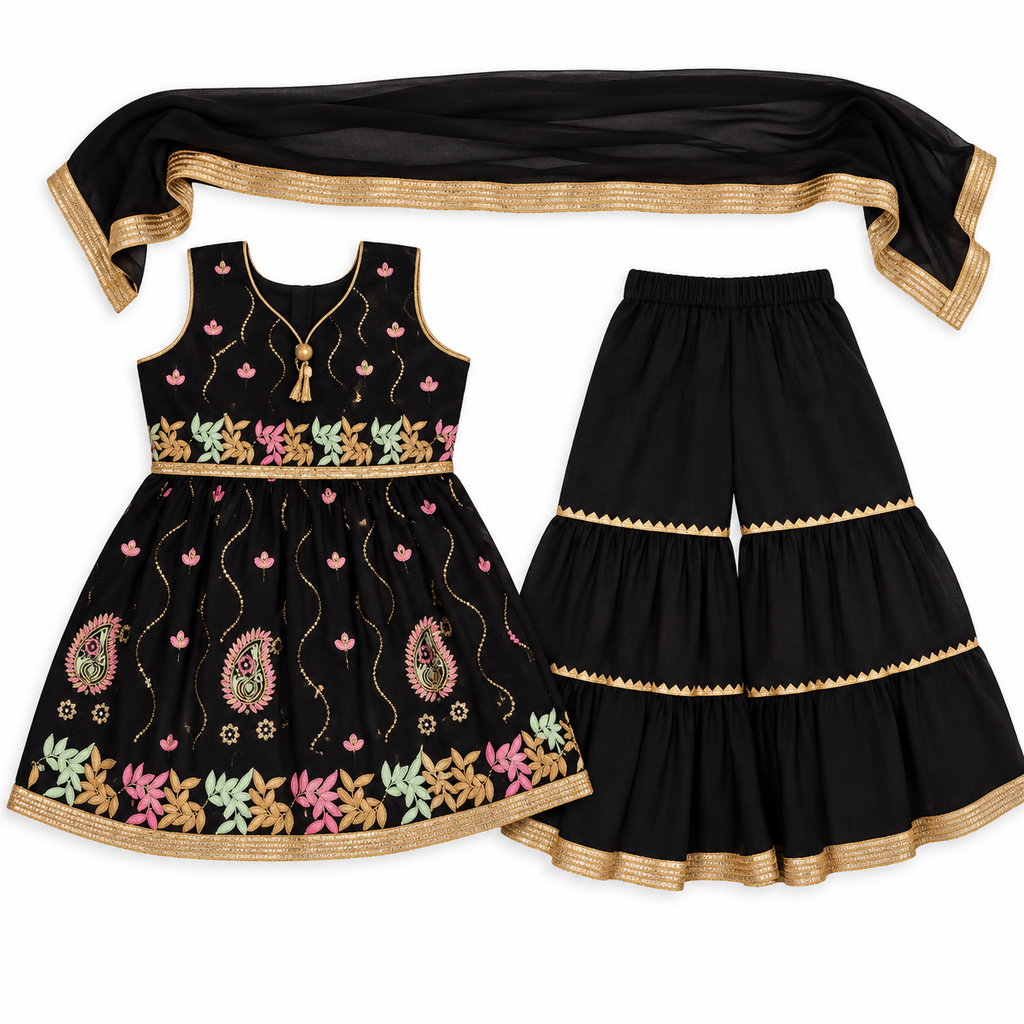 Black floral embroidered girls sharara set with dupatta