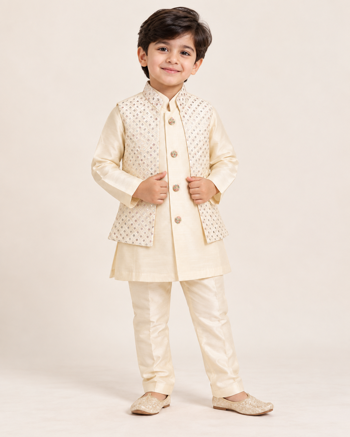 Boys ivory kurta pajama with embellished vest alternate view