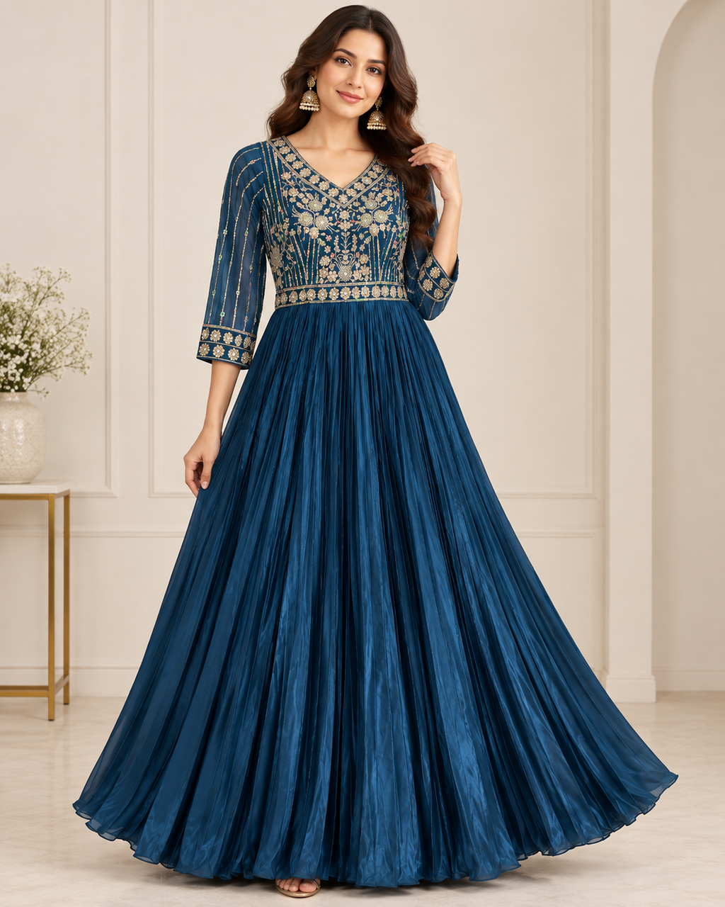 Teal blue embroidered Anarkali gown alternate view