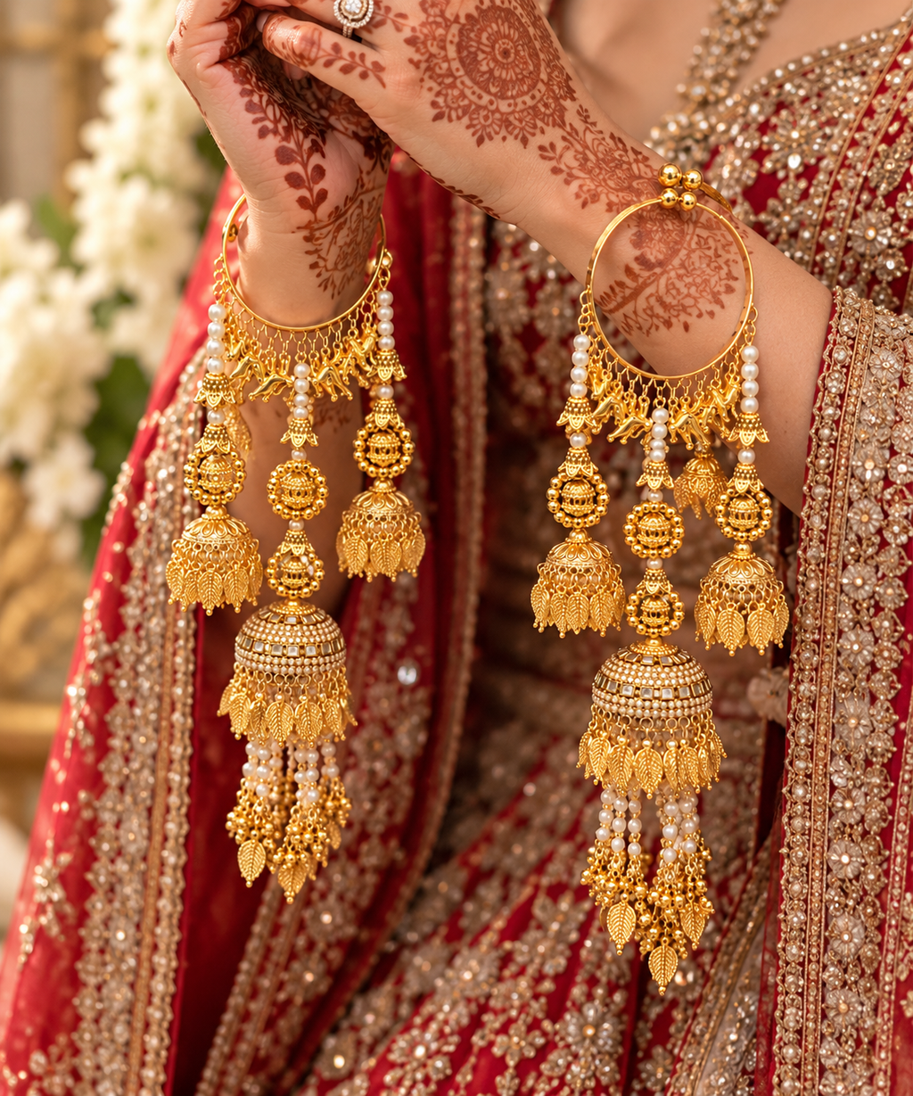 Adjustable Bridal Kalira Bangles – Gold-Tone with Pearl & Jhumka Detailing alternate view