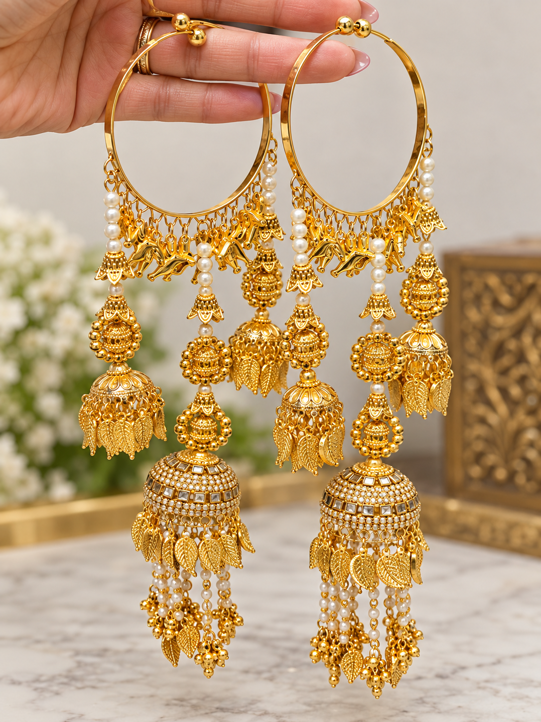 Adjustable Bridal Kalira Bangles – Gold-Tone with Pearl & Jhumka Detailing