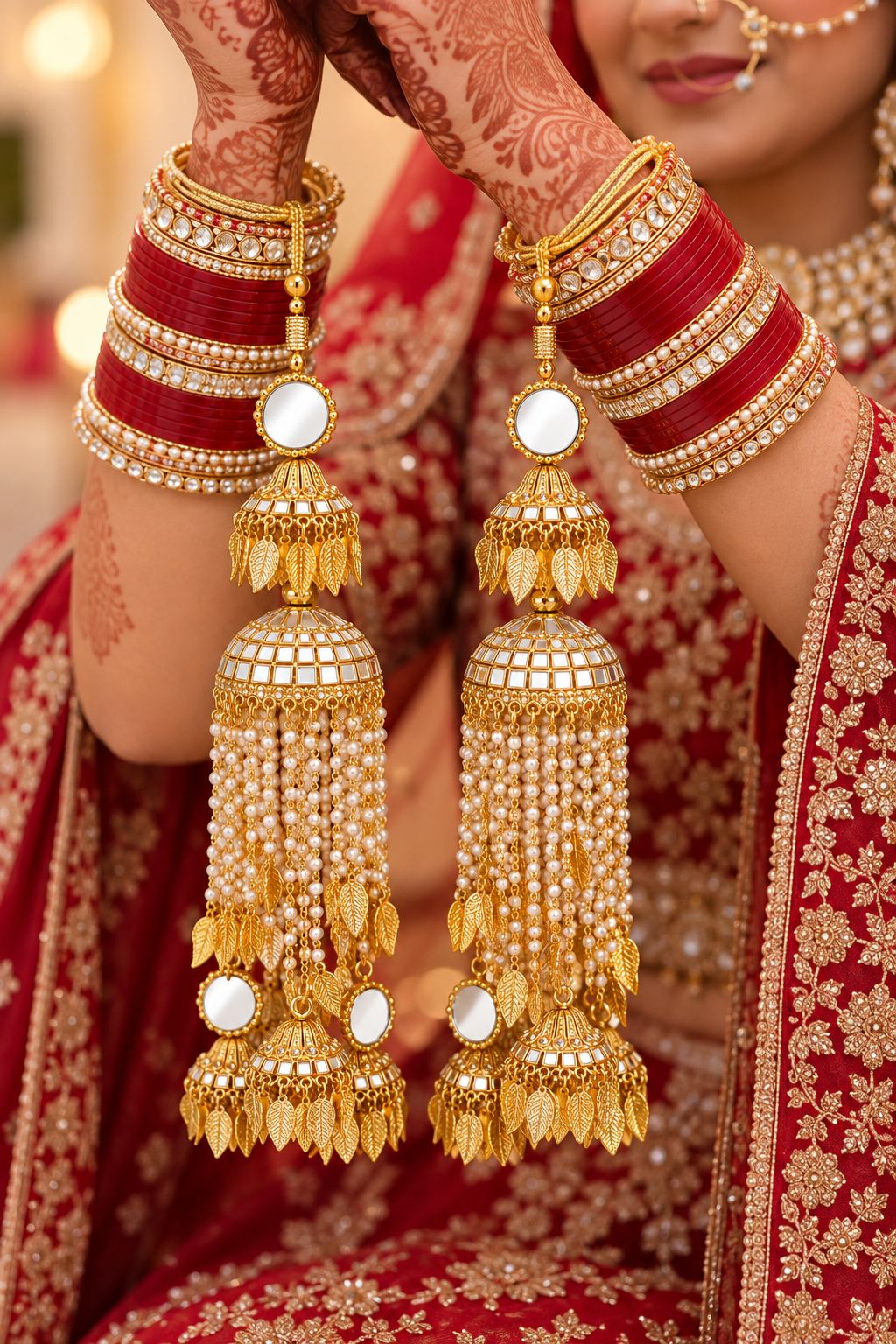 Bridal Gold-Tone Kalira Pair with White Mirrors & Pearl Drops alternate view