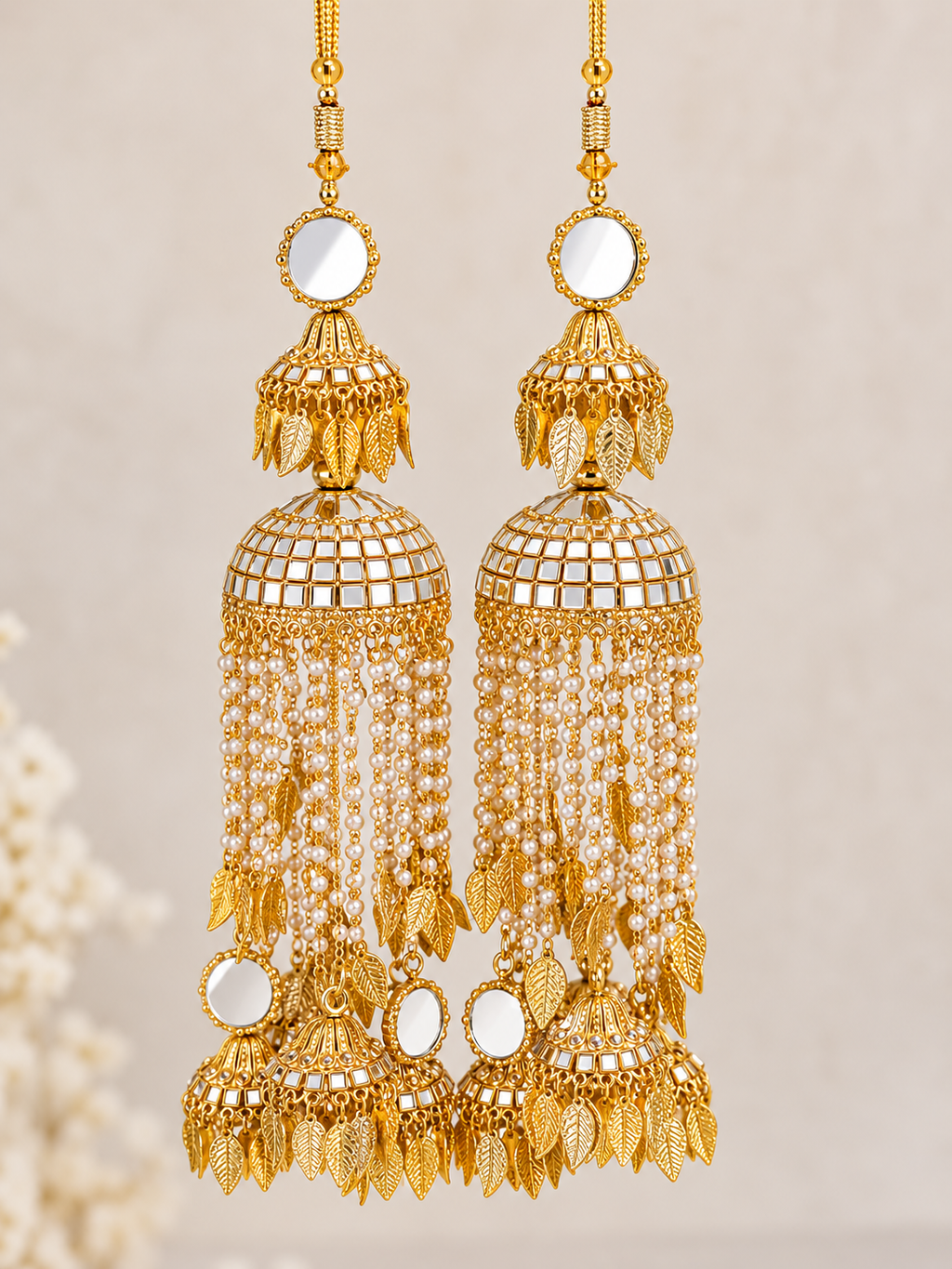 Bridal Gold-Tone Kalira Pair with White Mirrors & Pearl Drops