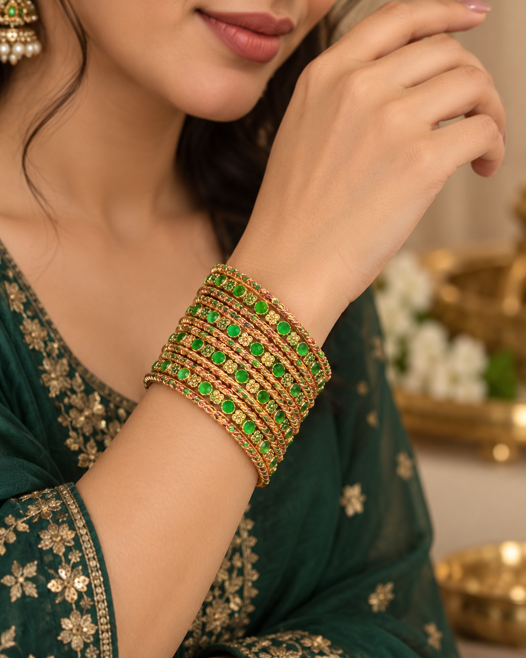 Green Stone Rose Gold-Tone Bangle Set size 2.4 alternate view