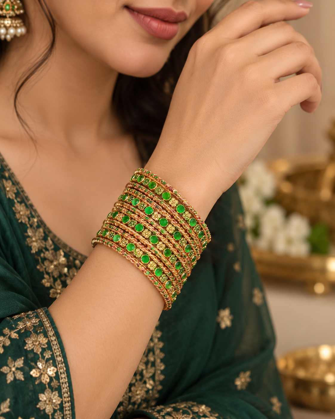 Green Stone Rose Gold-Tone Bangle Set size 2.4 alternate view