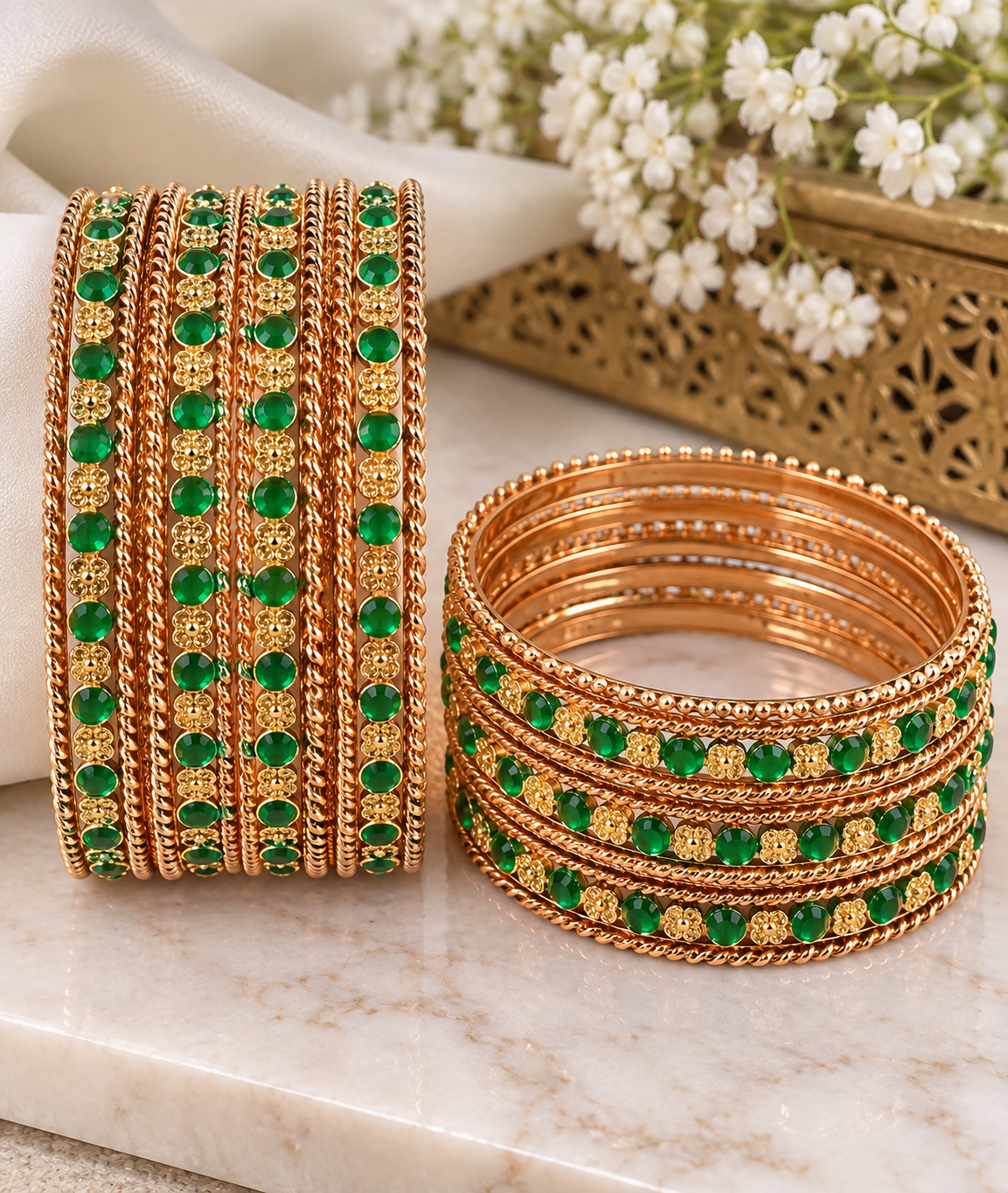 Green Stone Rose Gold-Tone Bangle Set size 2.4