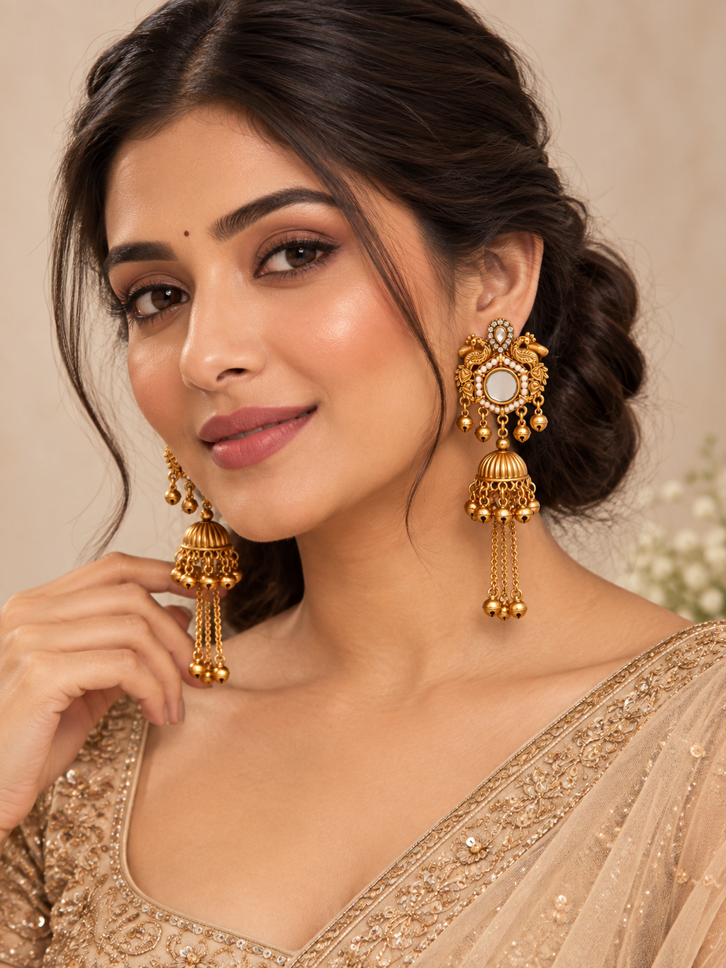 Antique Gold Peacock Jhumka Earrings with Mirror & Pearl Detailing alternate view