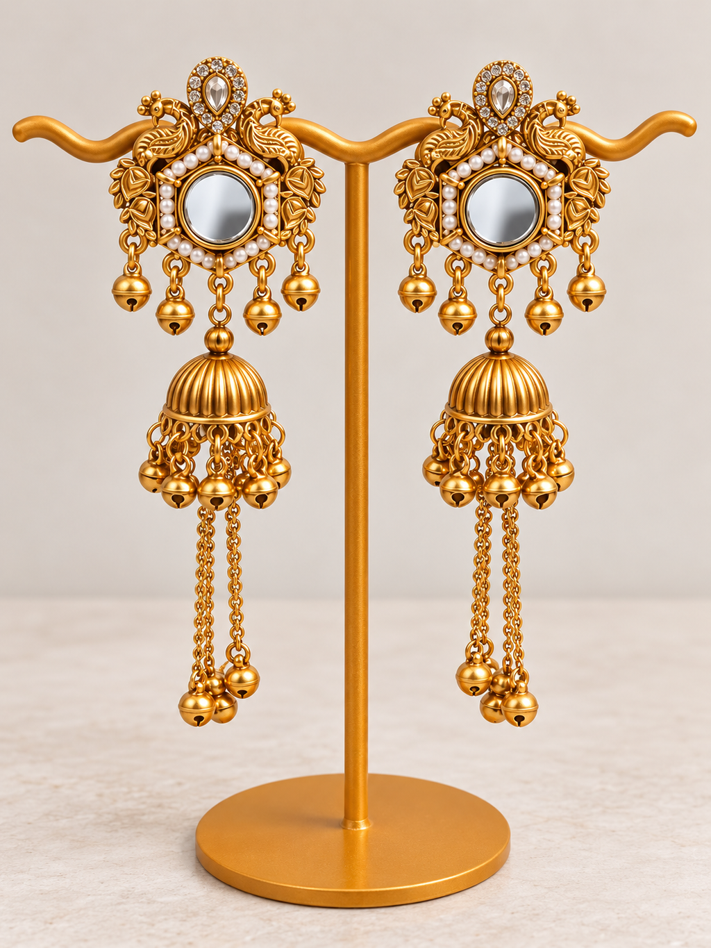 Antique Gold Peacock Jhumka Earrings with Mirror & Pearl Detailing