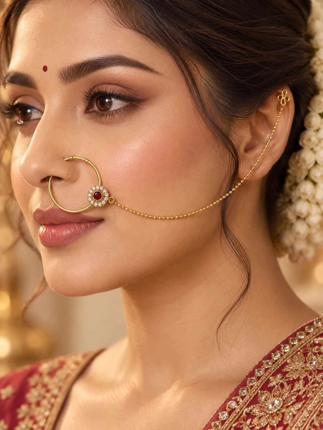 Traditional Gold-Tone Nath with Red Stone & Chain