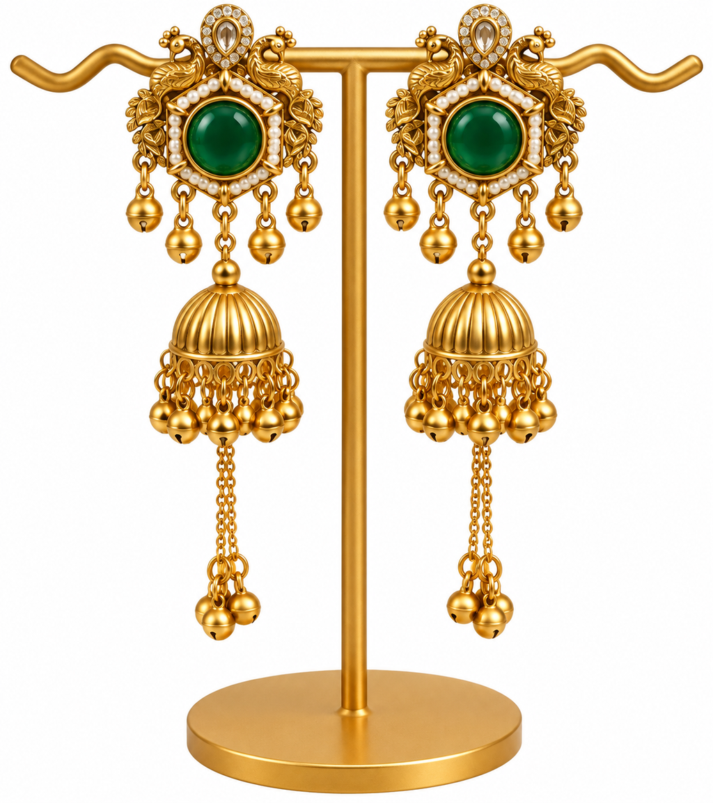 Antique Gold Green Stone Peacock Jhumka Earrings