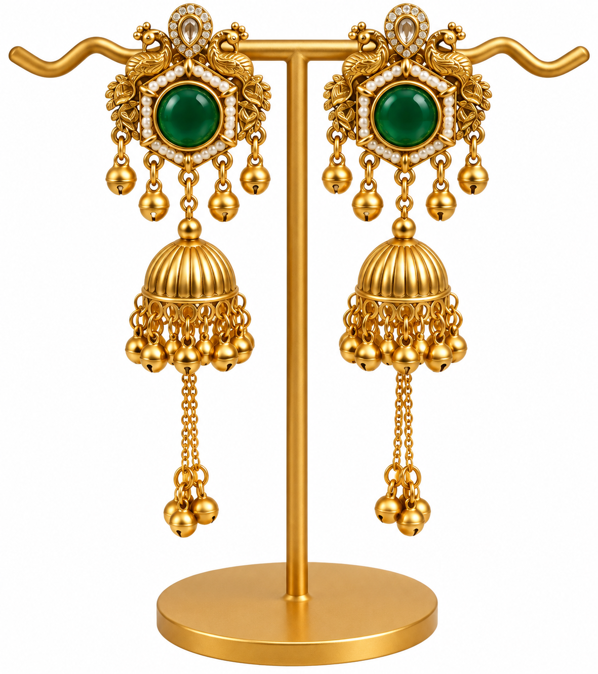 Antique Gold Green Stone Peacock Jhumka Earrings