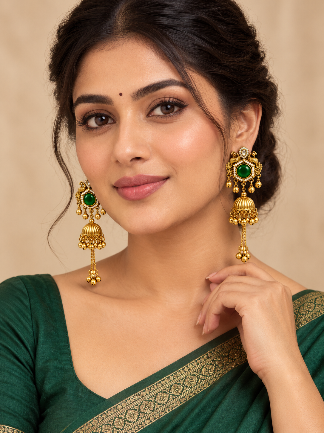 Antique Gold Green Stone Peacock Jhumka Earrings alternate view