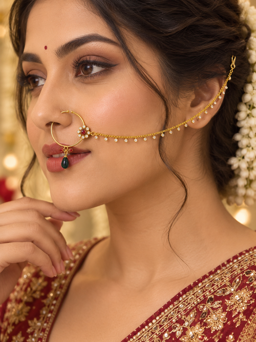 Traditional Gold-Tone Bridal Nath with Chain alternate view