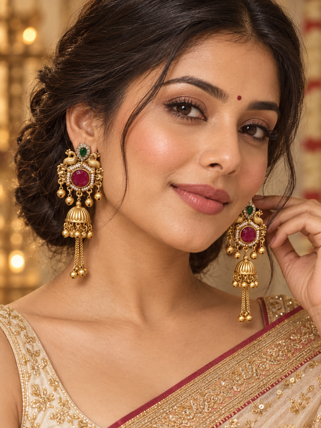 Antique Gold Peacock Jhumka Earrings with Ruby & Emerald Stones