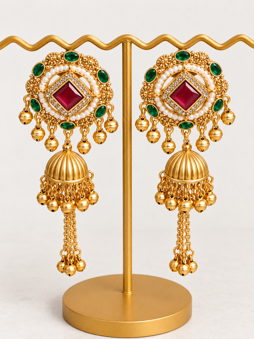 Traditional Kundan Jhumka Earrings with Ruby & Emerald Accents