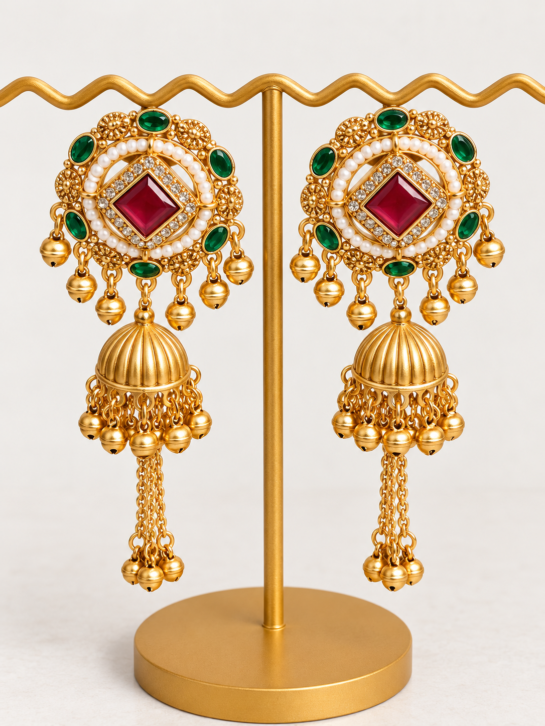 Traditional Kundan Jhumka Earrings with Ruby & Emerald Accents