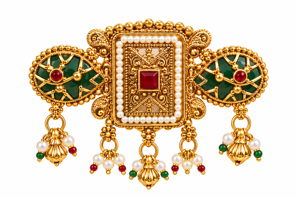 Traditional Kundan Statement Ring with Pearl & Bead Drops alternate view
