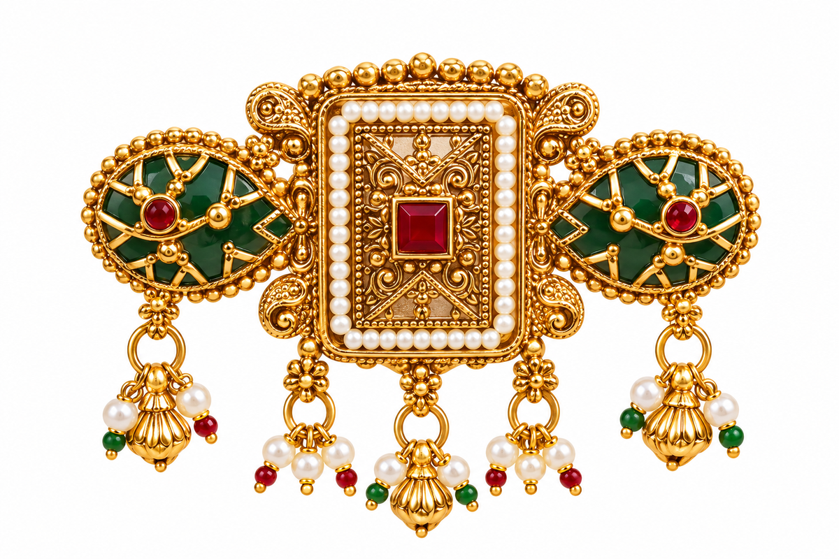 Traditional Kundan Statement Ring with Pearl & Bead Drops alternate view