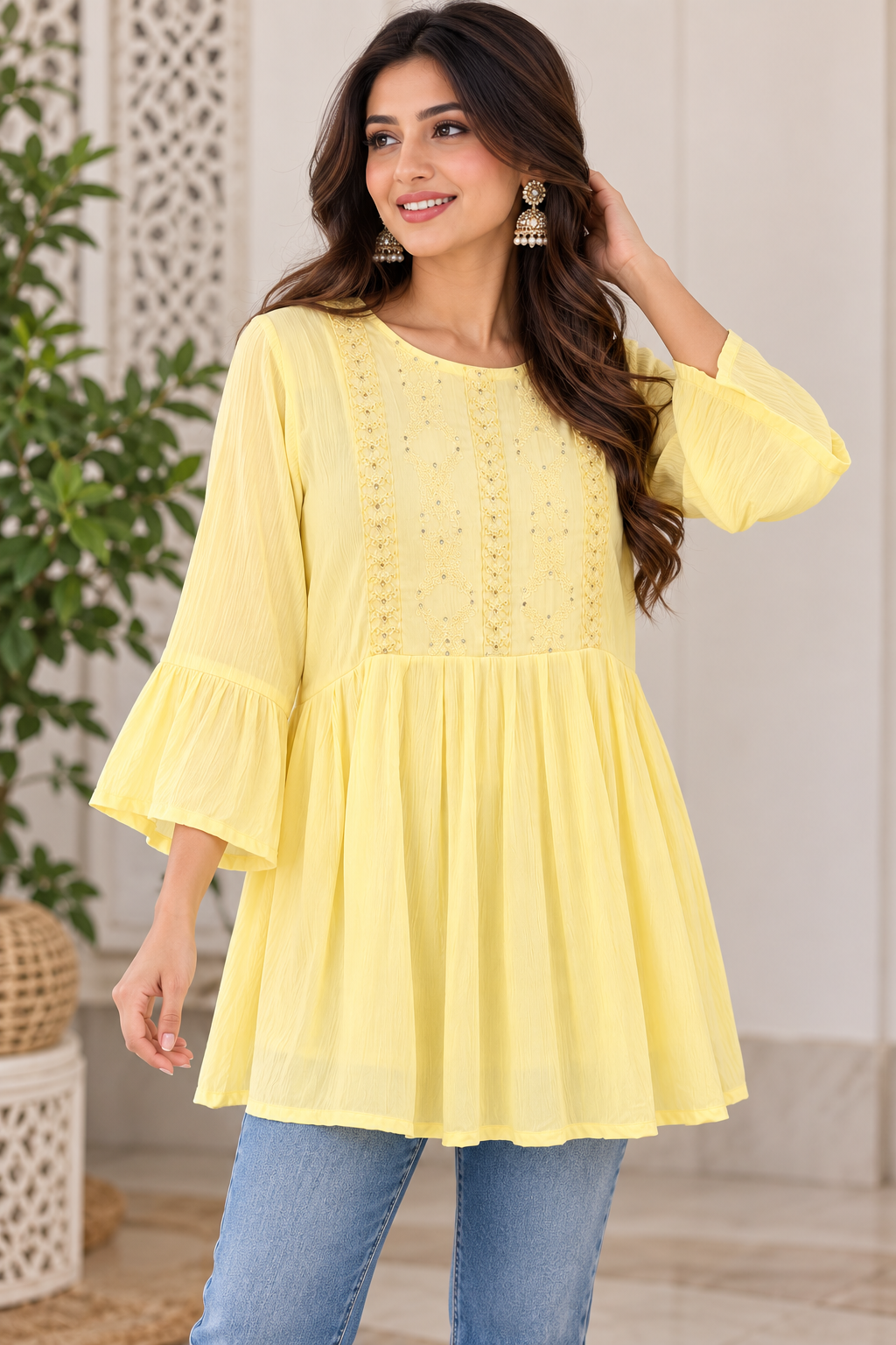 Pastel yellow embroidered short kurta top size XL