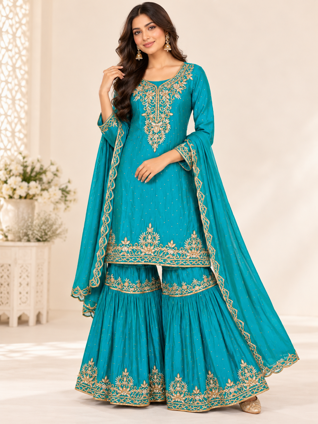 Teal and gold embroidered sharara set size 44