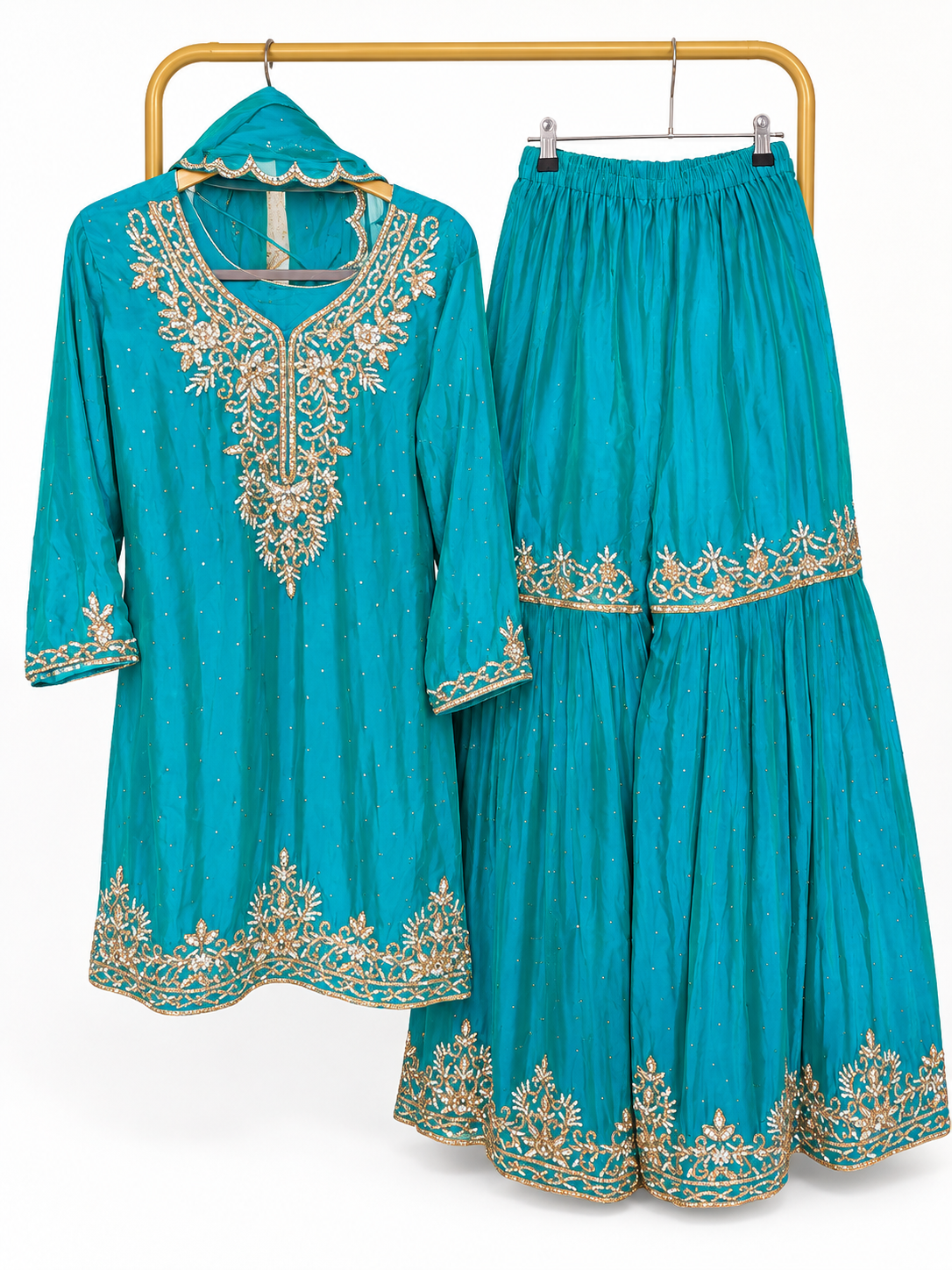 Teal embroidered sharara set with matching dupatta alternate view