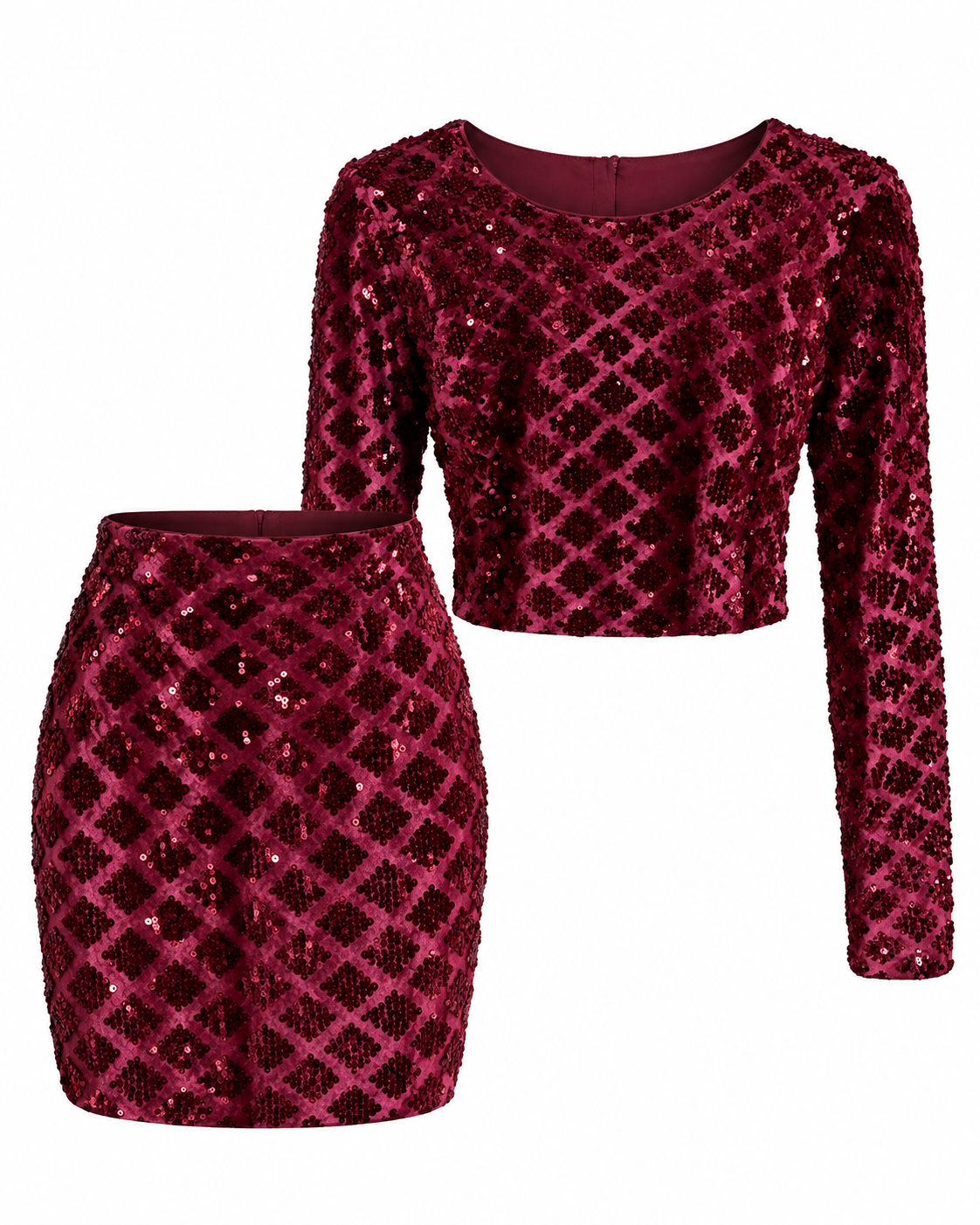 Burgundy sequin two-piece skirt set alternate view